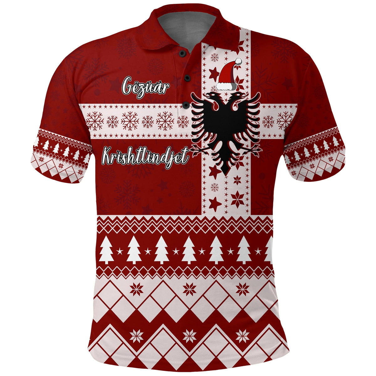 Red polo shirt with Christmas eagle front panel and festive patterns, short sleeves