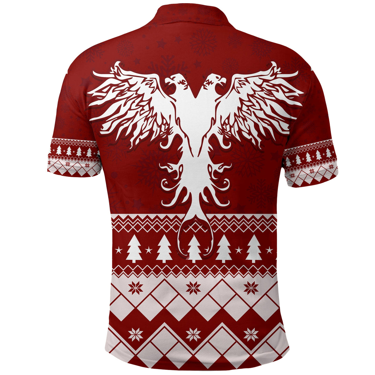 Red polo shirt back with large white eagle wings graphic and Christmas border patterns