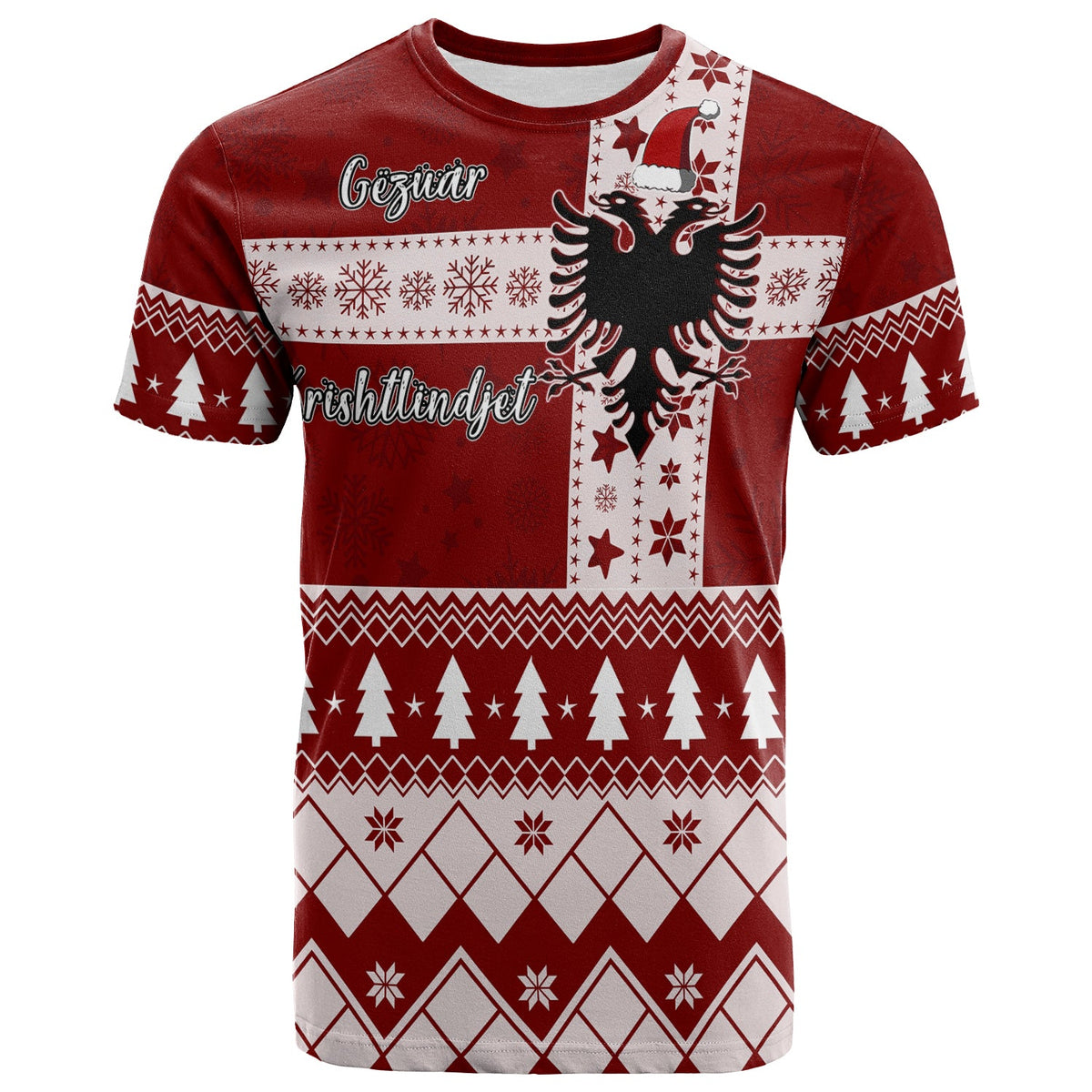 Rotes T‑Shirt mit Weihnachts-Adler-Design, Schneeflocken und Baum-Muster
