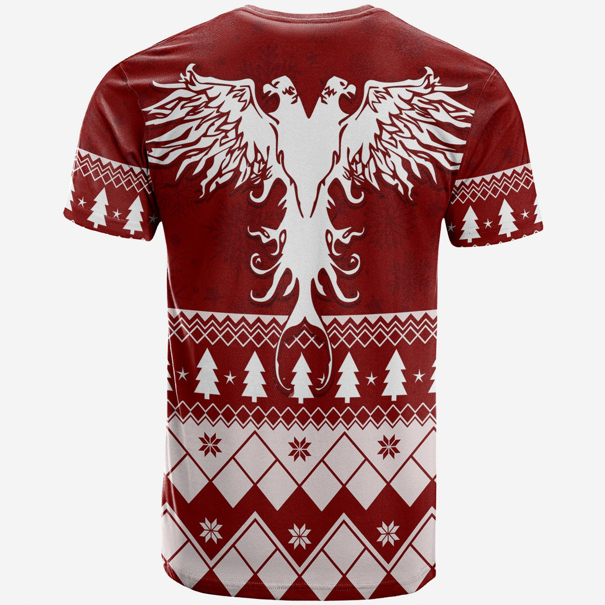 Rotes T‑Shirt mit Rücken-Adlermotiv, Weihnachtsmuster mit Bäumen