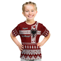 Kids maroon T-shirt with Albanian eagle and festive holiday pattern, short sleeves