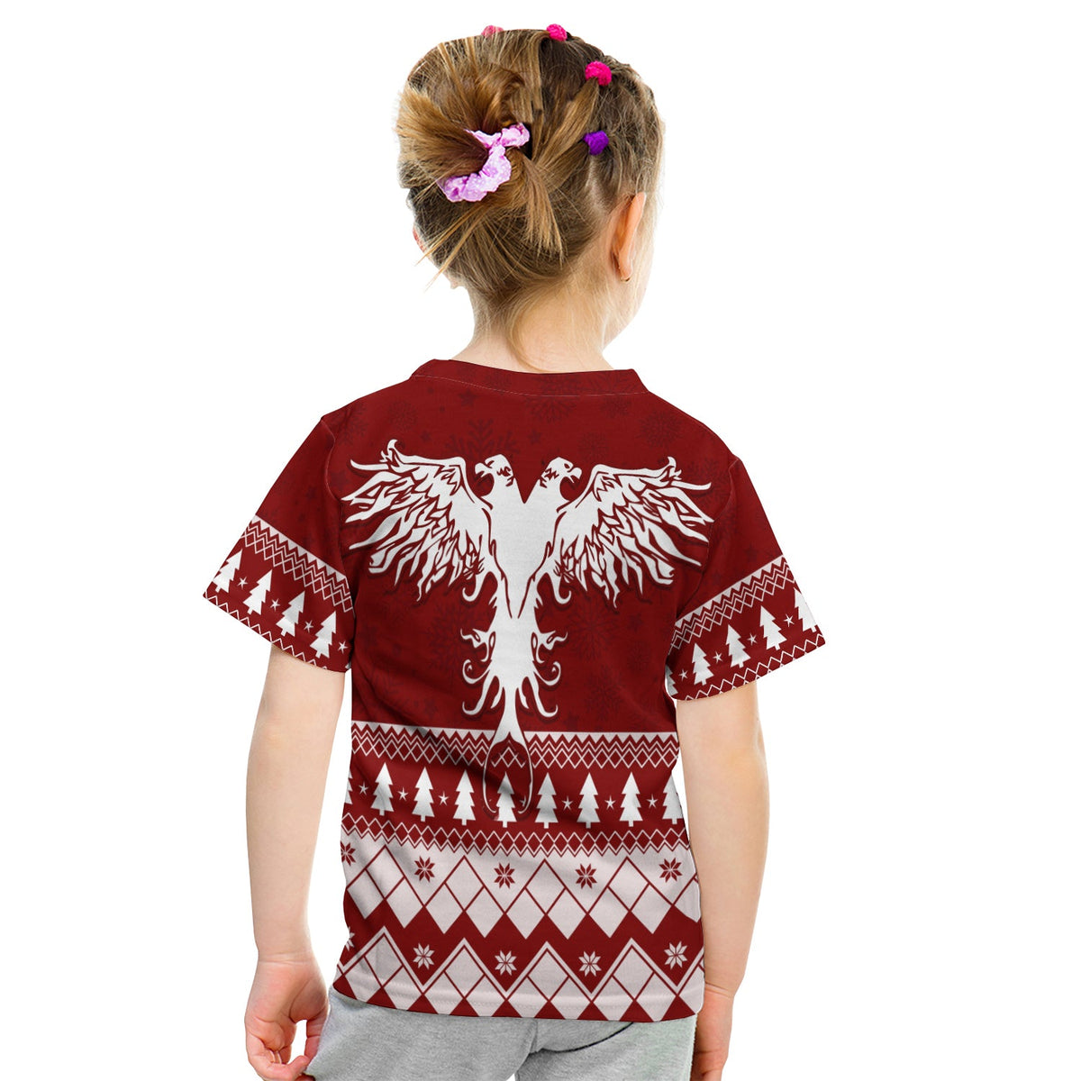 Kids maroon T-shirt back print with white eagle and holiday motifs, short sleeves