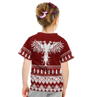 Kids maroon T-shirt back print with white eagle and holiday motifs, short sleeves
