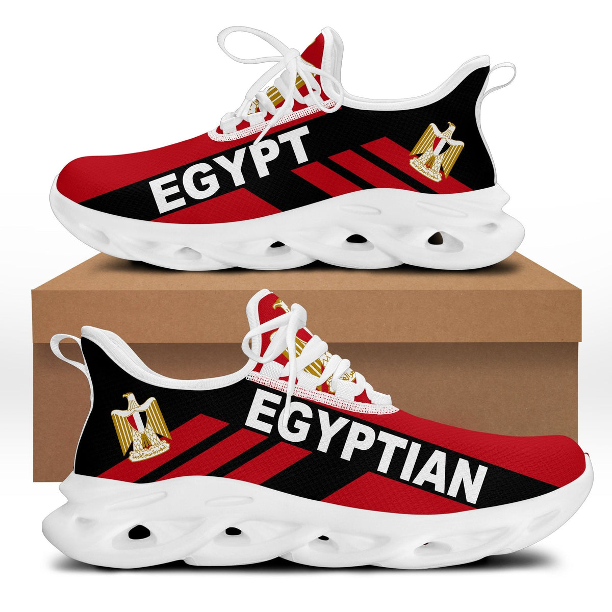 Red and black 'EGYPT' lace-up clunky sneakers with white cushioned sole and cutout tread