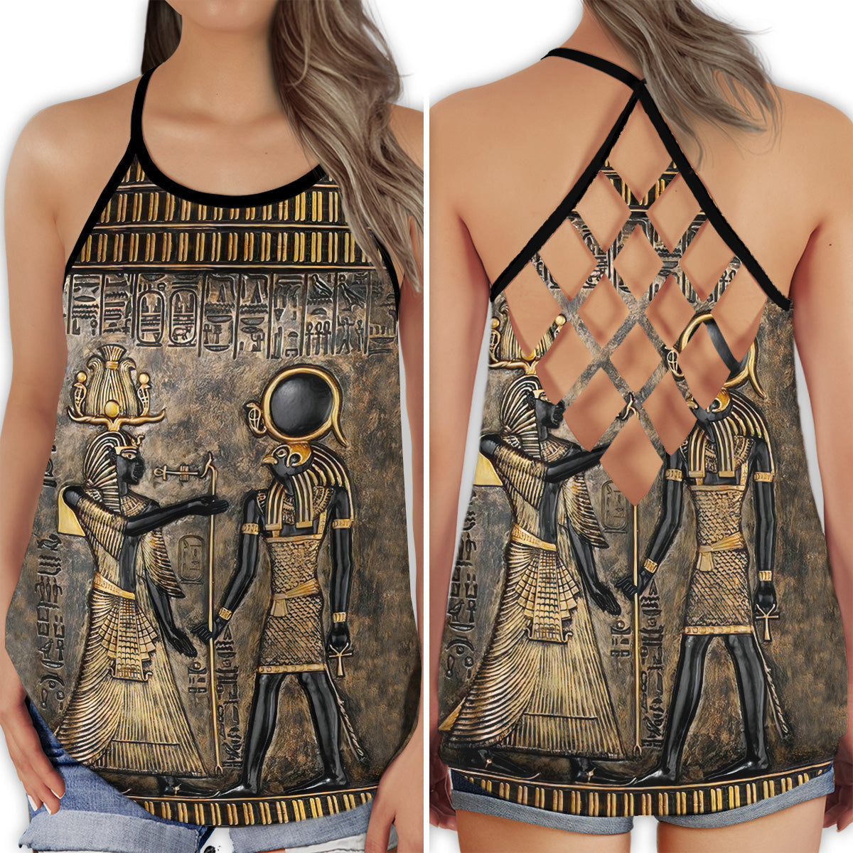 Egyptian print hollow tank top with black criss-cross straps and crossed back