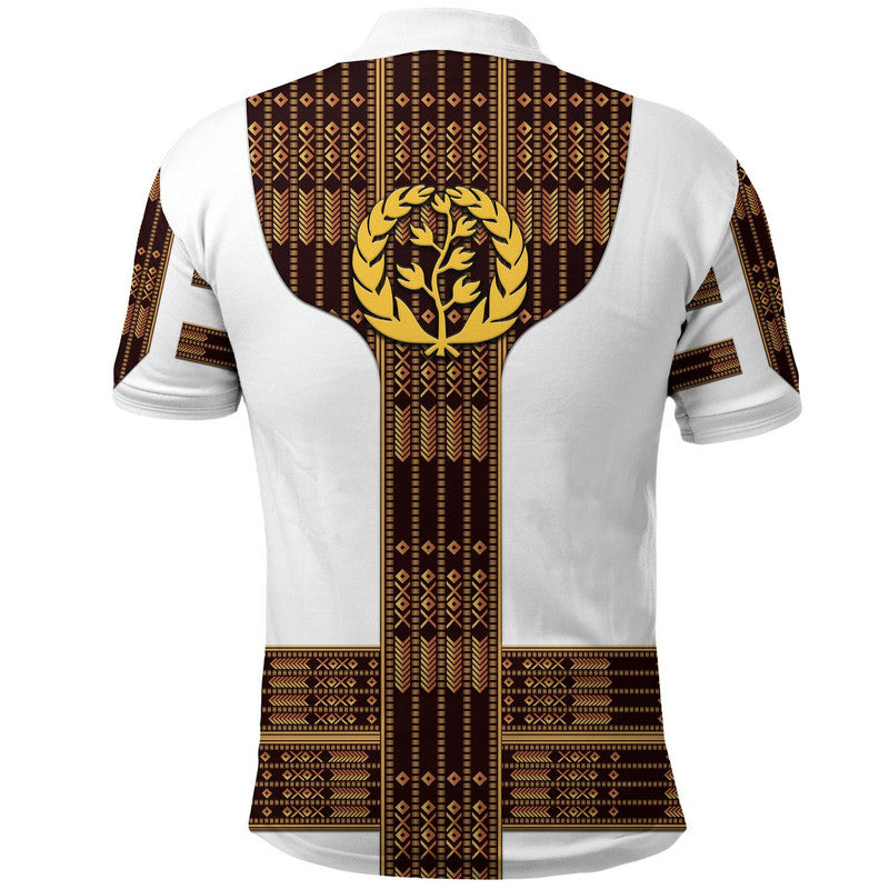 White polo shirt back with brown geometric stripes and large gold lion crest