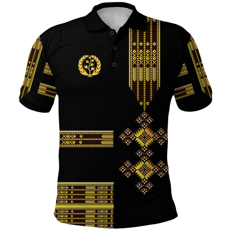 Black polo shirt with gold Eritrean-style Tibeb trim and emblem, short sleeves