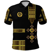 Black polo shirt with gold Eritrean-style Tibeb trim and emblem, short sleeves