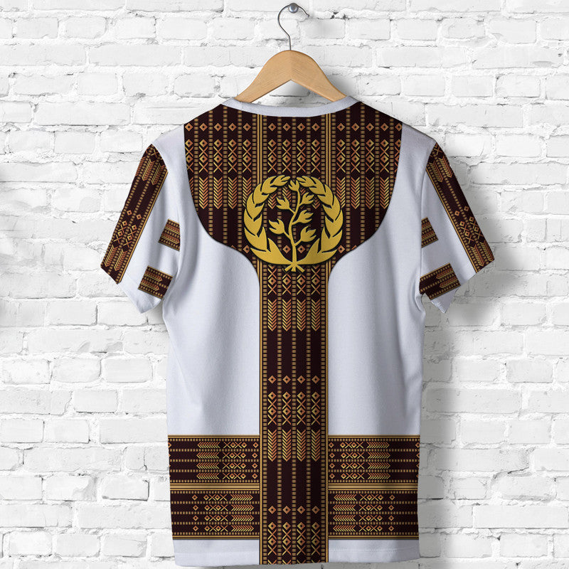 White t-shirt back view with large Ethiopian-style lion head and vertical stripe design