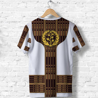 White t-shirt back view with large Ethiopian-style lion head and vertical stripe design