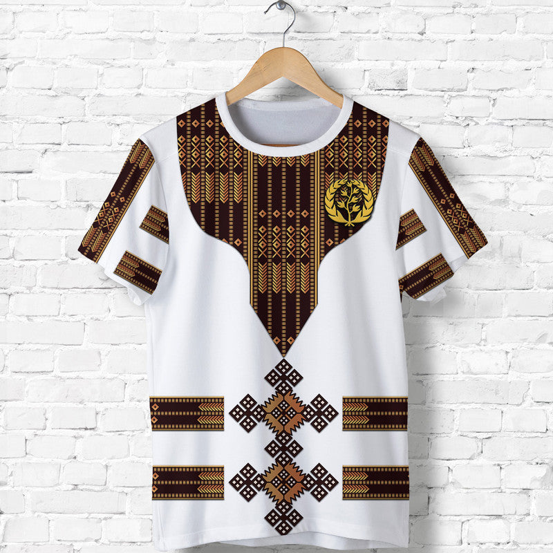 White t-shirt with bold Ethiopian-style pattern and central emblem graphic