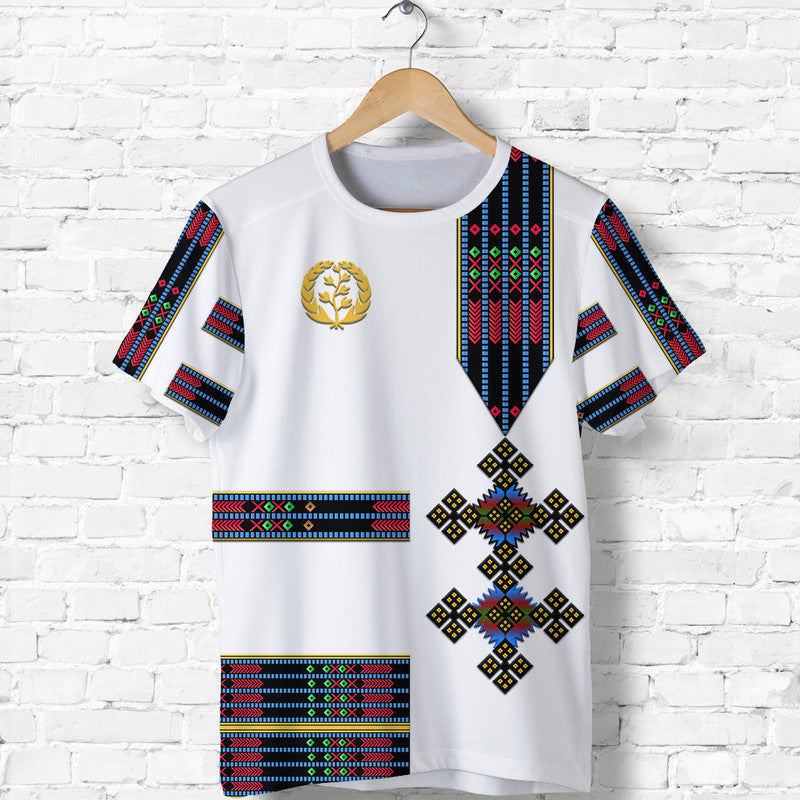 White short-sleeve T-shirt with Eritrea-style geometric and emblem print, front view