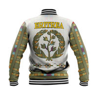 White baseball jacket back with ERITREA text, large tree graphic, striped sleeves and cuffs
