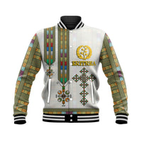 White baseball jacket with Eritrea print, colorful striped sleeves, tree emblem front