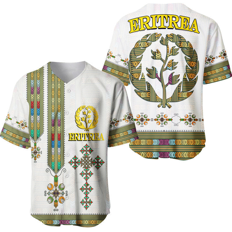 White Eritrea baseball jersey with front and back graphics, tree emblem, and multicolor trim