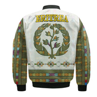 White unisex bomber jacket back with ERITREA text and large circular tree emblem