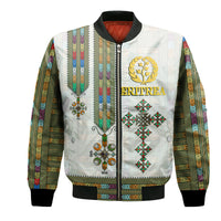 White unisex bomber jacket with front zipper, ERITREA logo and laurel tree graphic