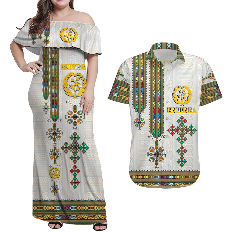 White Eritrea off-shoulder dress and Hawaiian shirt set, front views