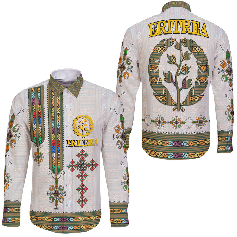White long-sleeve button shirt with Eritrea emblem and decorative tibeb patterns, front and back