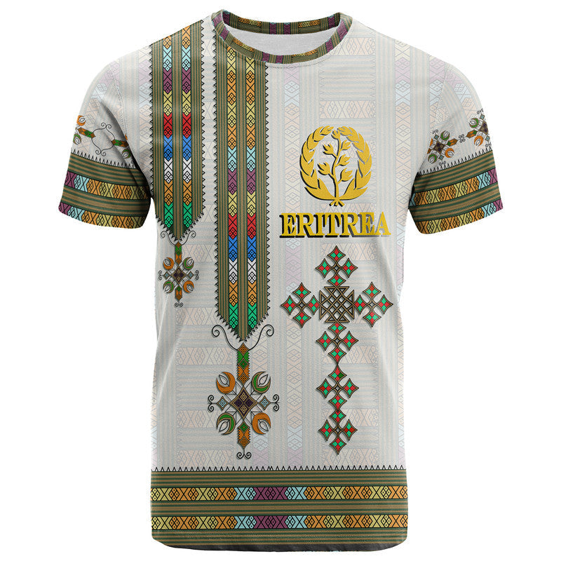 White Eritrea T-shirt, front design with tree crest and patterned stripes