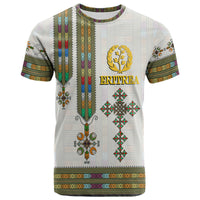 White Eritrea T-shirt, front design with tree crest and patterned stripes