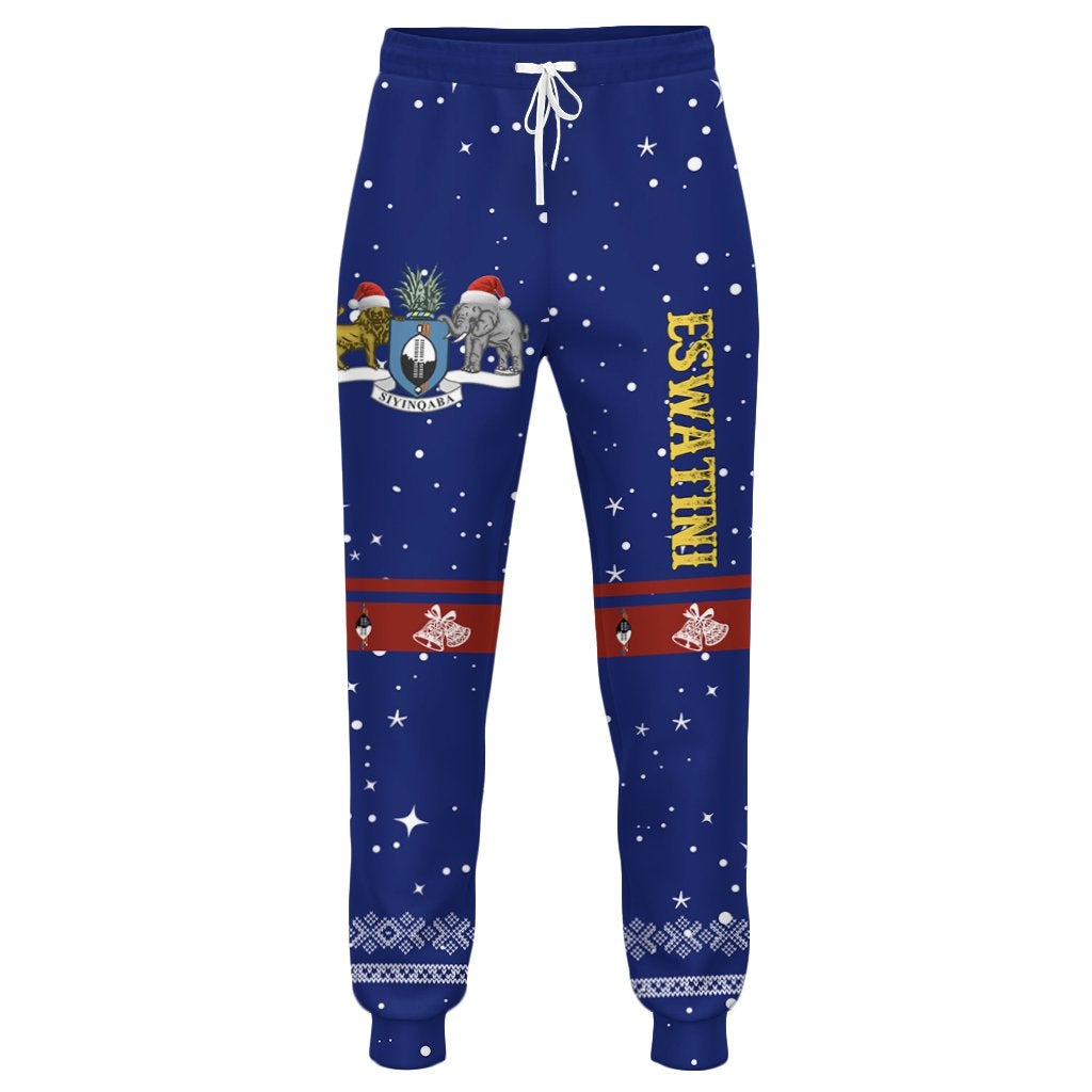 Blue Christmas jogger pants with white stars, drawstring waist, festive stripe graphics