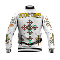 White baseball jacket back with cross-like pattern and “YOUR TEXT”, striped ribbed hem