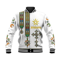 White baseball jacket with Ethiopian vertical stripes and front Ethiopia emblem