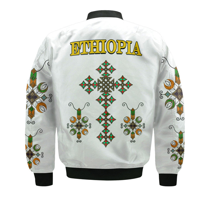 White unisex bomber jacket back with large ETHIOPIA text and diamond cross pattern