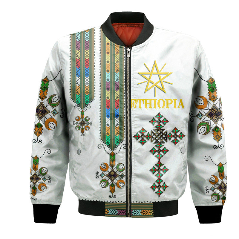 White unisex bomber jacket, full zip, Ethiopian stripe panel and front emblem