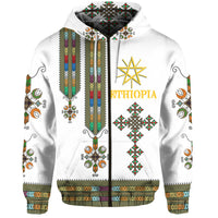 White pullover hoodie, hood detail and drawstrings, Ethiopian “ETHIOPIA” graphic on front