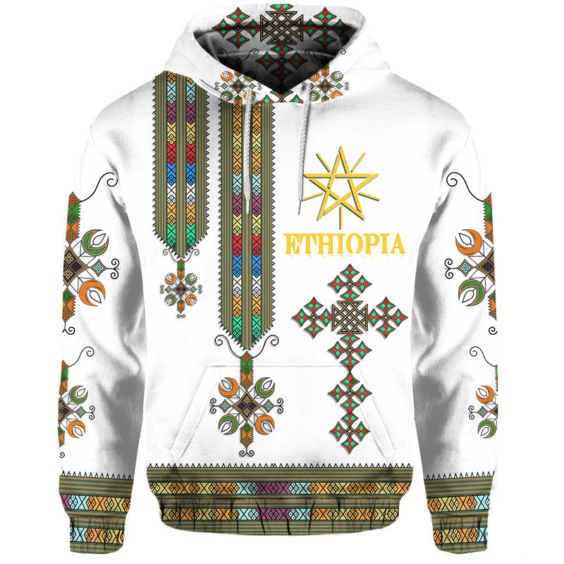 White pullover hoodie with Ethiopian cross and colorful geometric pattern front and sleeves