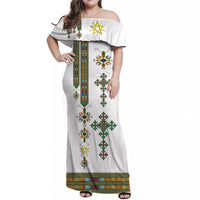 White off-shoulder long dress with multicolor vertical stripe and cross patterns