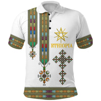 White polo shirt with Ethiopia emblem, star and colorful traditional stripe print at front
