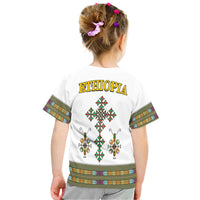 White kids T-shirt back with 'ETHIOPIA' text and large Ethiopian cross design