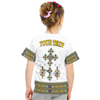 Kids white Ethiopia T-shirt back view with YOUR TEXT and cross pattern on back