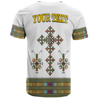 Adult white Ethiopia T-shirt back view with YOUR TEXT and centered cross pattern