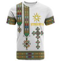 White adult T-shirt with Ethiopian cross graphic, 'ETHIOPIA' text, and patterned border