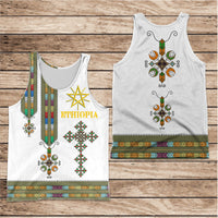 White men’s tank top with Ethiopian cross, ornaments, and patterned stripe hem