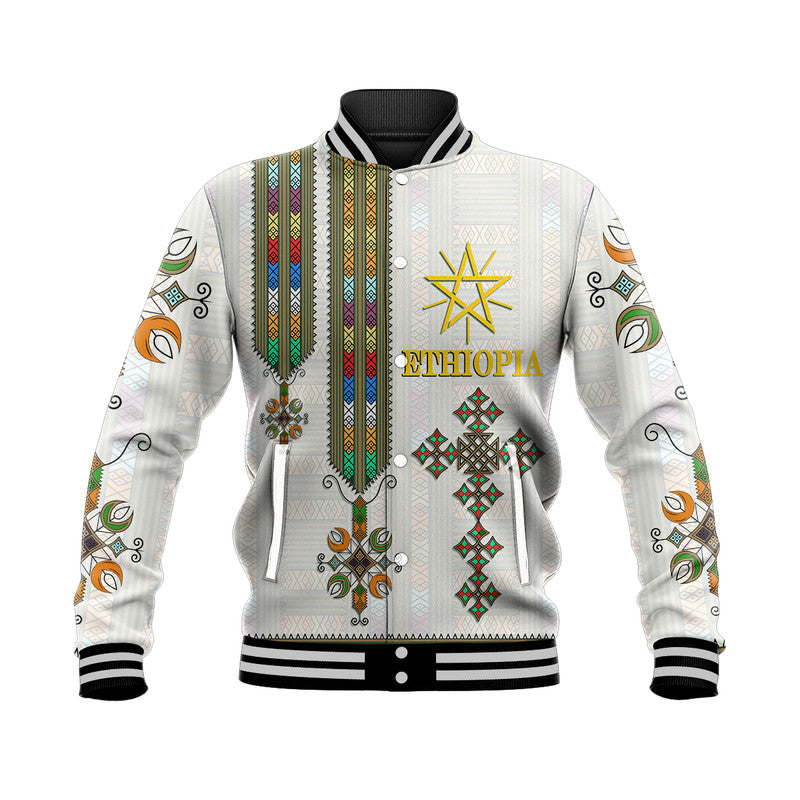 White Ethiopian-style baseball jacket with multicolor vertical pattern and button front