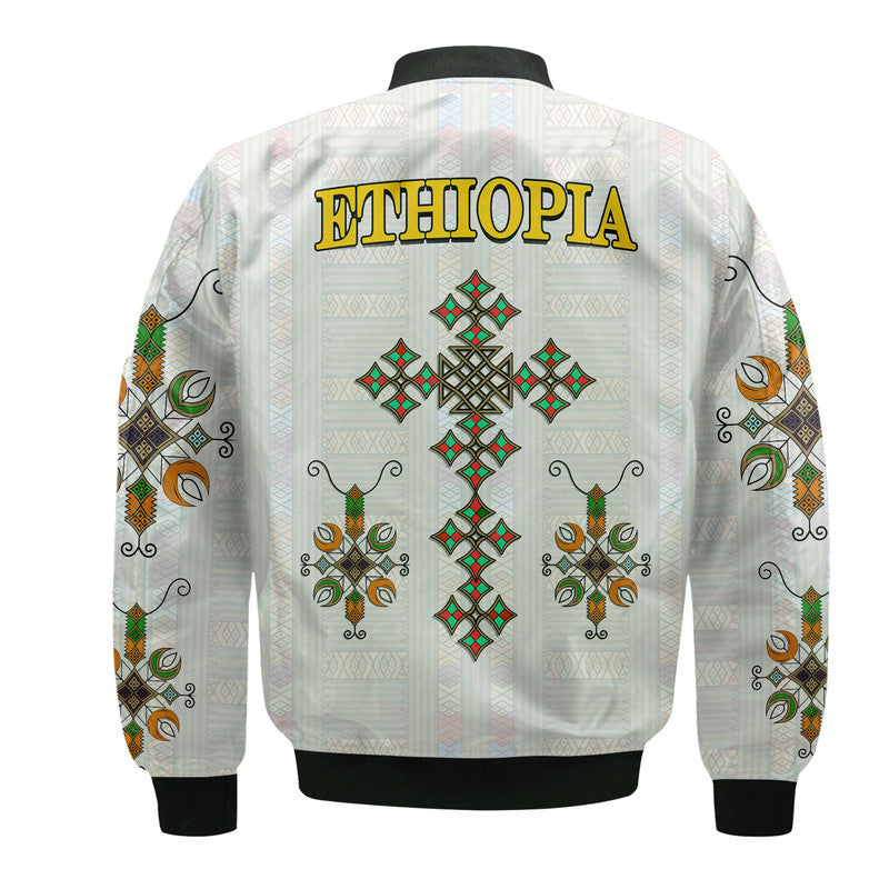 Unisex bomber jacket back, white with large ETHIOPIA text and red-green diamond cross