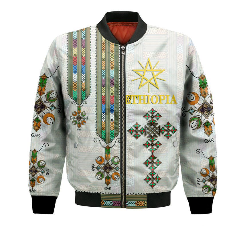 Unisex Ethiopia bomber jacket, white with colorful tribal panels and front zipper