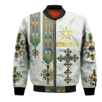 Unisex Ethiopia bomber jacket, white with colorful tribal panels and front zipper