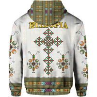 White Ethiopia hoodie back with large ETHIOPIA text and diamond cross pattern