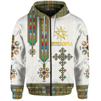 White Ethiopia hoodie with multicolor vertical panels, front pocket, and cross design