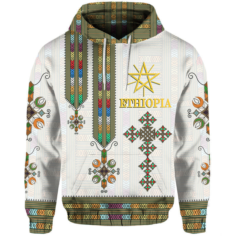 Ethiopia pullover hoodie in white with colorful tribal stripe and star motifs