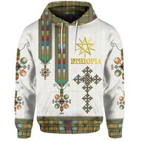 Ethiopia pullover hoodie in white with colorful tribal stripe and star motifs