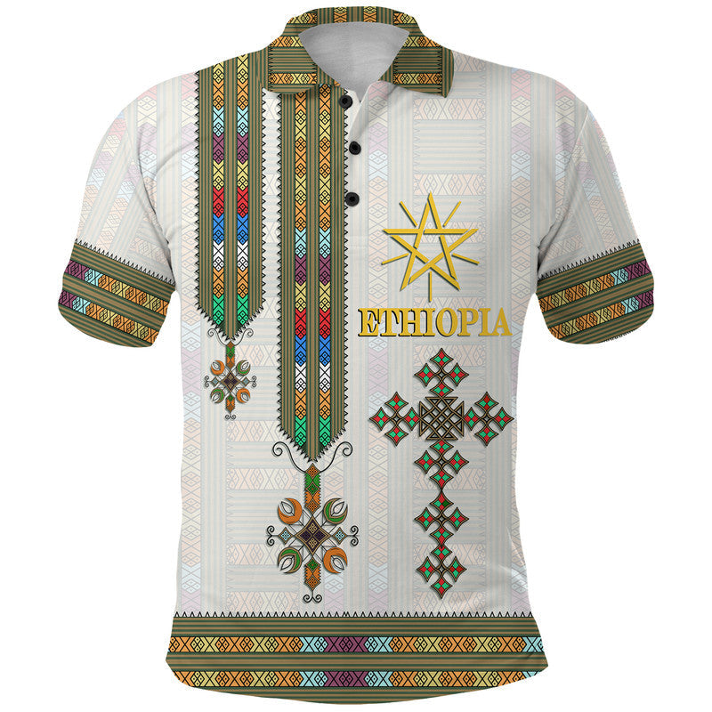 White Ethiopia polo shirt with front panel buttons and gold star print, colorful trim