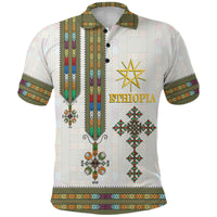 White Ethiopia polo shirt with front panel buttons and gold star print, colorful trim