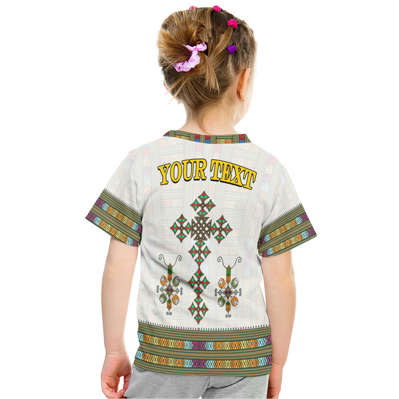 Kid white T-shirt back 'YOUR TEXT' with cross-diamond ornament and striped hem
